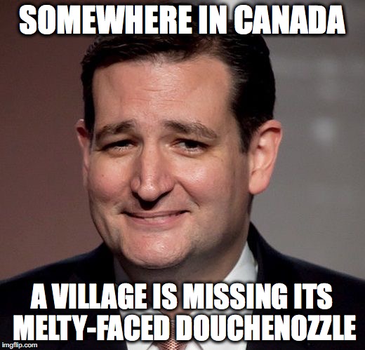 ted cruz | SOMEWHERE IN CANADA; A VILLAGE IS MISSING ITS MELTY-FACED DOUCHENOZZLE | image tagged in ted cruz | made w/ Imgflip meme maker