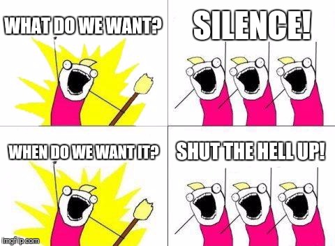 What Do We Want | WHAT DO WE WANT? SILENCE! WHEN DO WE WANT IT? SHUT THE HELL UP! | image tagged in memes,what do we want,funny,funny memes | made w/ Imgflip meme maker