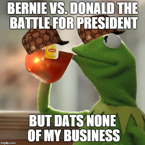 But That's None Of My Business Meme | BERNIE VS. DONALD THE BATTLE FOR PRESIDENT; BUT DATS NONE OF MY BUSINESS | image tagged in memes,but thats none of my business,kermit the frog,scumbag | made w/ Imgflip meme maker