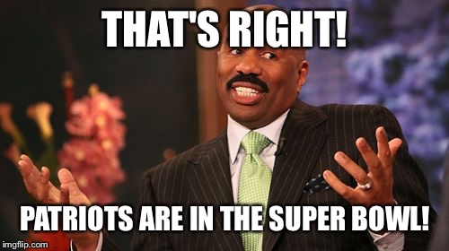 THAT'S RIGHT! PATRIOTS ARE IN THE SUPER BOWL! | image tagged in memes,steve harvey | made w/ Imgflip meme maker