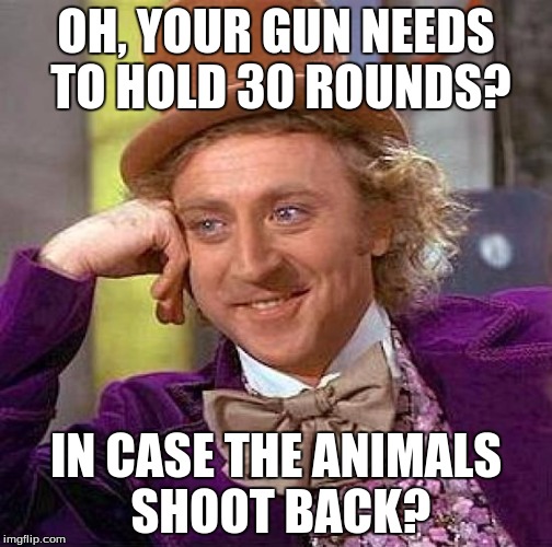 Creepy Condescending Wonka Meme | OH, YOUR GUN NEEDS TO HOLD 30 ROUNDS? IN CASE THE ANIMALS SHOOT BACK? | image tagged in memes,creepy condescending wonka | made w/ Imgflip meme maker