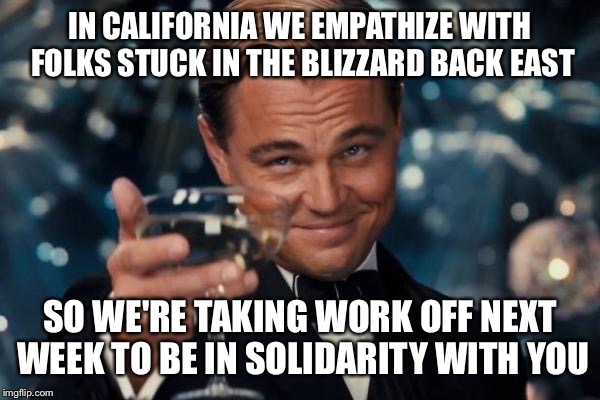 Leonardo Dicaprio Cheers | IN CALIFORNIA WE EMPATHIZE WITH FOLKS STUCK IN THE BLIZZARD BACK EAST; SO WE'RE TAKING WORK OFF NEXT WEEK TO BE IN SOLIDARITY WITH YOU | image tagged in memes,leonardo dicaprio cheers | made w/ Imgflip meme maker