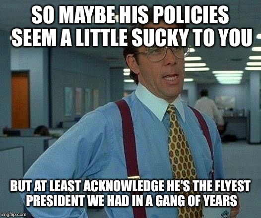 That Would Be Great Meme | SO MAYBE HIS POLICIES SEEM A LITTLE SUCKY TO YOU BUT AT LEAST ACKNOWLEDGE HE'S THE FLYEST PRESIDENT WE HAD IN A GANG OF YEARS | image tagged in memes,that would be great | made w/ Imgflip meme maker