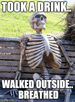 Waiting Skeleton Meme | TOOK A DRINK.. WALKED OUTSIDE.. BREATHED | image tagged in memes,waiting skeleton | made w/ Imgflip meme maker