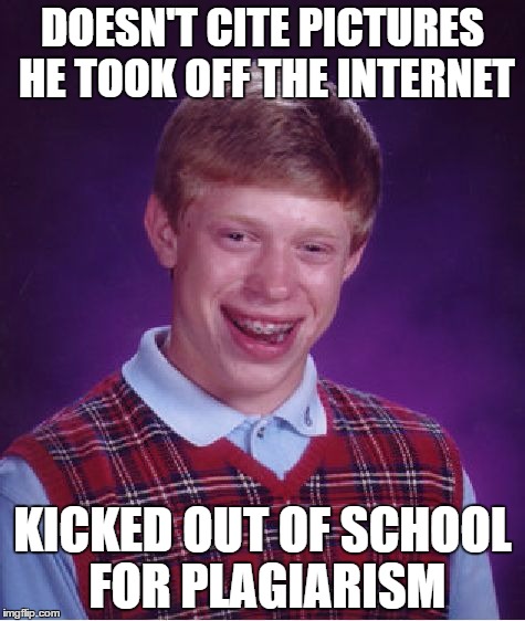 Bad Luck Brian | DOESN'T CITE PICTURES HE TOOK OFF THE INTERNET; KICKED OUT OF SCHOOL FOR PLAGIARISM | image tagged in memes,bad luck brian | made w/ Imgflip meme maker