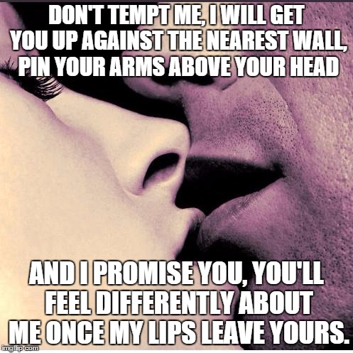 I promise you kiss | DON'T TEMPT ME, I WILL GET YOU UP AGAINST THE NEAREST WALL, PIN YOUR ARMS ABOVE YOUR HEAD; AND I PROMISE YOU, YOU'LL FEEL DIFFERENTLY ABOUT ME ONCE MY LIPS LEAVE YOURS. | image tagged in romantic kiss | made w/ Imgflip meme maker