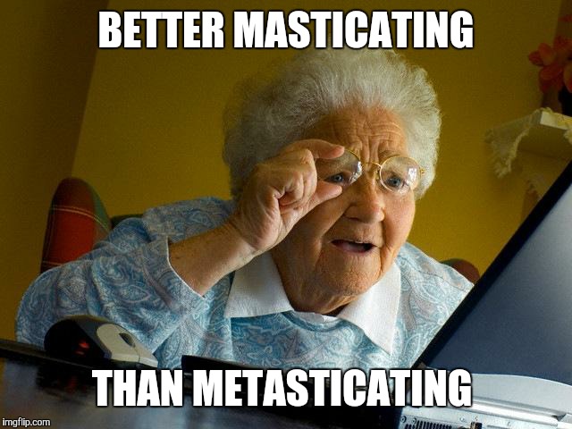 Grandma Finds The Internet Meme | BETTER MASTICATING THAN METASTICATING | image tagged in memes,grandma finds the internet | made w/ Imgflip meme maker