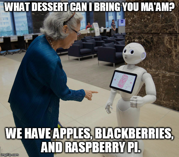 desserts waiter | WHAT DESSERT CAN I BRING YOU MA'AM? WE HAVE APPLES, BLACKBERRIES, AND RASPBERRY PI. | image tagged in robots | made w/ Imgflip meme maker