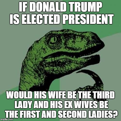 Philosoraptor | IF DONALD TRUMP IS ELECTED PRESIDENT; WOULD HIS WIFE BE THE THIRD LADY AND HIS EX WIVES BE THE FIRST AND SECOND LADIES? | image tagged in memes,philosoraptor | made w/ Imgflip meme maker