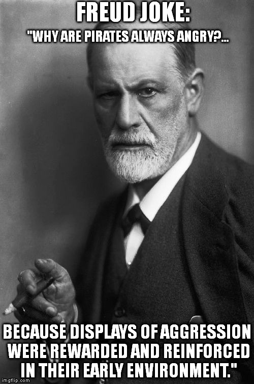Freud Joke |  FREUD JOKE:; "WHY ARE PIRATES ALWAYS ANGRY?... BECAUSE DISPLAYS OF AGGRESSION WERE REWARDED AND REINFORCED IN THEIR EARLY ENVIRONMENT." | image tagged in memes,sigmund freud | made w/ Imgflip meme maker