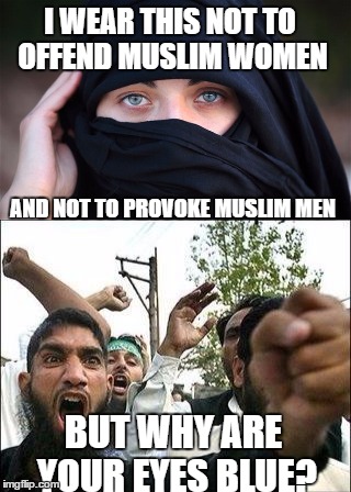 I WEAR THIS NOT TO OFFEND MUSLIM WOMEN AND NOT TO PROVOKE MUSLIM MEN BUT WHY ARE YOUR EYES BLUE? | made w/ Imgflip meme maker