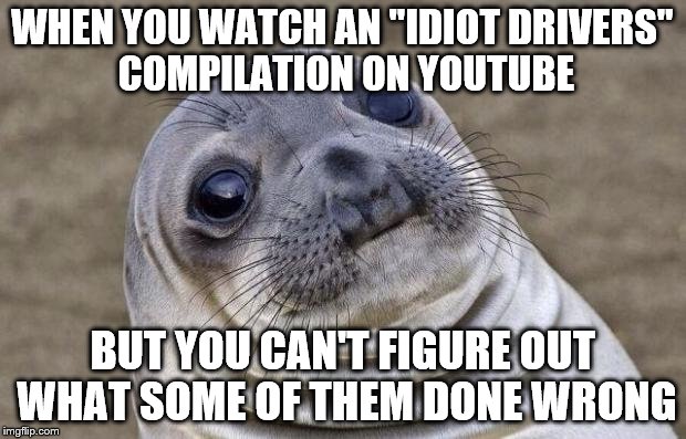 Awkward Moment Sealion Meme | WHEN YOU WATCH AN "IDIOT DRIVERS" COMPILATION ON YOUTUBE; BUT YOU CAN'T FIGURE OUT WHAT SOME OF THEM DONE WRONG | image tagged in memes,awkward moment sealion,driving,cars,youtube | made w/ Imgflip meme maker