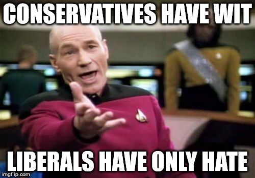Picard Wtf Meme | CONSERVATIVES HAVE WIT LIBERALS HAVE ONLY HATE | image tagged in memes,picard wtf | made w/ Imgflip meme maker