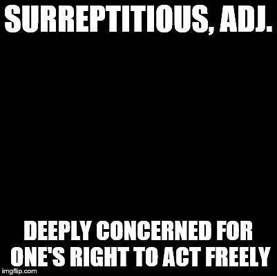 An Ode to the Devil's Dictionary. | SURREPTITIOUS, ADJ. DEEPLY CONCERNED FOR ONE'S RIGHT TO ACT FREELY | image tagged in blank,devil's,dictionary,ode,to,definitions | made w/ Imgflip meme maker