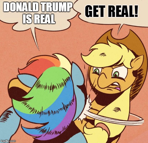 Apple Jack slapping Rainbow Dash | DONALD TRUMP IS REAL GET REAL! | image tagged in apple jack slapping rainbow dash | made w/ Imgflip meme maker