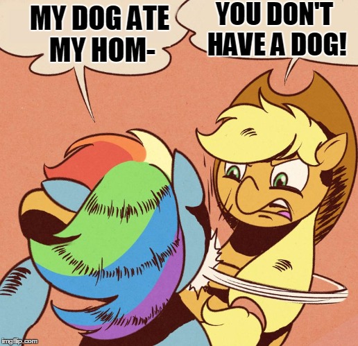 Apple Jack slapping Rainbow Dash | MY DOG ATE MY HOM- YOU DON'T HAVE A DOG! | image tagged in apple jack slapping rainbow dash | made w/ Imgflip meme maker