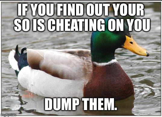 Actual Advice Mallard Meme | IF YOU FIND OUT YOUR SO IS CHEATING ON YOU; DUMP THEM. | image tagged in memes,actual advice mallard,AdviceAnimals | made w/ Imgflip meme maker