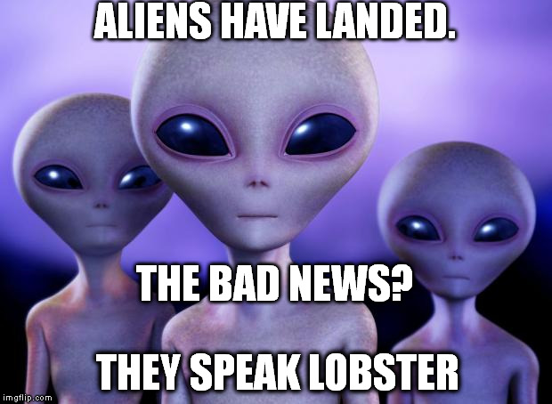 Aliens land | ALIENS HAVE LANDED. THE BAD NEWS? THEY SPEAK LOBSTER | image tagged in aliens,memes | made w/ Imgflip meme maker