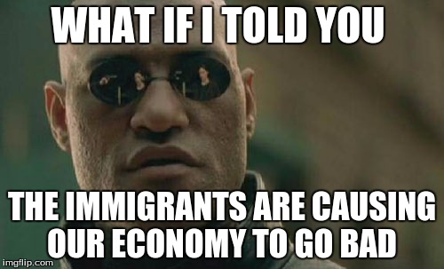 Matrix Morpheus Meme | WHAT IF I TOLD YOU; THE IMMIGRANTS ARE CAUSING OUR ECONOMY TO GO BAD | image tagged in memes,matrix morpheus | made w/ Imgflip meme maker