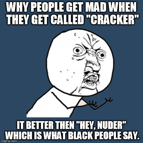 Y U No | WHY PEOPLE GET MAD WHEN THEY GET CALLED "CRACKER"; IT BETTER THEN "HEY, NUDER" WHICH IS WHAT BLACK PEOPLE SAY. | image tagged in memes,y u no | made w/ Imgflip meme maker