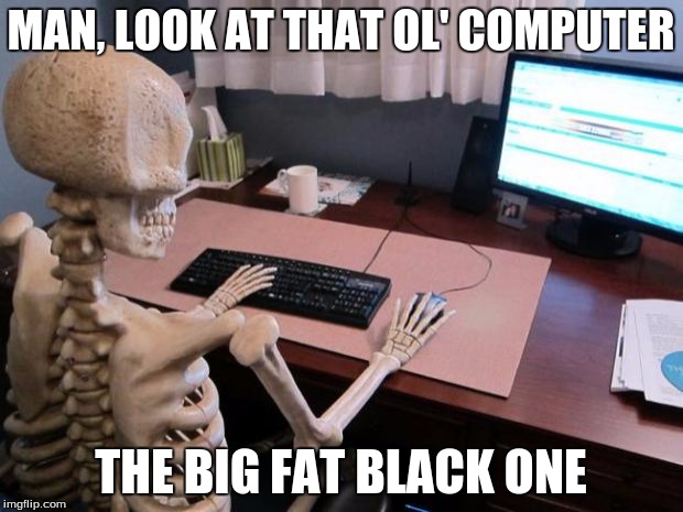 skeleton at computer desk | MAN, LOOK AT THAT OL' COMPUTER; THE BIG FAT BLACK ONE | image tagged in skeleton at computer desk | made w/ Imgflip meme maker
