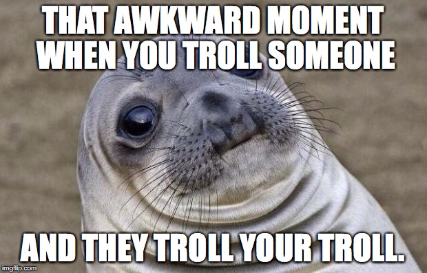 Trolling Spree | THAT AWKWARD MOMENT WHEN YOU TROLL SOMEONE; AND THEY TROLL YOUR TROLL. | image tagged in memes,awkward moment sealion | made w/ Imgflip meme maker