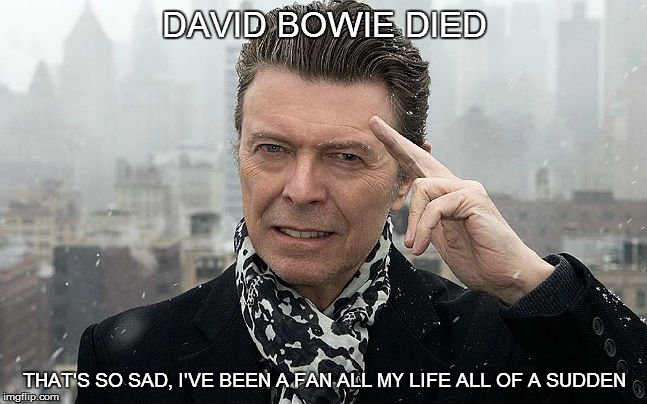 David Bowie | DAVID BOWIE DIED; THAT'S SO SAD, I'VE BEEN A FAN ALL MY LIFE ALL OF A SUDDEN | image tagged in david bowie | made w/ Imgflip meme maker