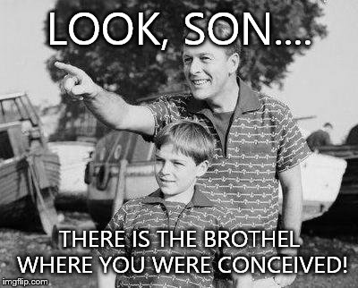 Look Son Meme | LOOK, SON.... THERE IS THE BROTHEL WHERE YOU WERE CONCEIVED! | image tagged in memes,look son | made w/ Imgflip meme maker
