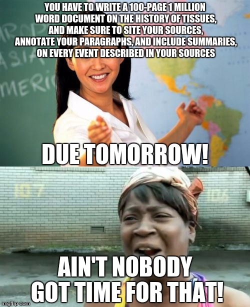 IMAGINE! THE! TORTURE! | YOU HAVE TO WRITE A 100-PAGE 1 MILLION WORD DOCUMENT ON THE HISTORY OF TISSUES, AND MAKE SURE TO SITE YOUR SOURCES, ANNOTATE YOUR PARAGRAPHS, AND INCLUDE SUMMARIES, ON EVERY EVENT DESCRIBED IN YOUR SOURCES; DUE TOMORROW! AIN'T NOBODY GOT TIME FOR THAT! | image tagged in memes,funny,unhelpful high school teacher,aint nobody got time for that | made w/ Imgflip meme maker