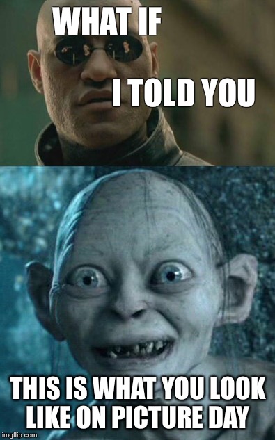 Picture day  | WHAT IF                                              I TOLD YOU; THIS IS WHAT YOU LOOK LIKE ON PICTURE DAY | image tagged in picture day,matrix morpheus,gollum,lord of the rings | made w/ Imgflip meme maker