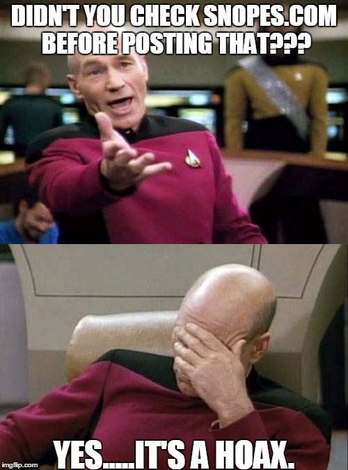 Picard WTF and Facepalm combined | DIDN'T YOU CHECK SNOPES.COM BEFORE POSTING THAT??? YES.....IT'S A HOAX. | image tagged in picard wtf and facepalm combined | made w/ Imgflip meme maker