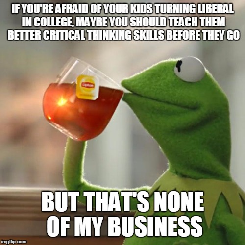 But That's None Of My Business | IF YOU'RE AFRAID OF YOUR KIDS TURNING LIBERAL IN COLLEGE, MAYBE YOU SHOULD TEACH THEM BETTER CRITICAL THINKING SKILLS BEFORE THEY GO; BUT THAT'S NONE OF MY BUSINESS | image tagged in memes,but thats none of my business,kermit the frog | made w/ Imgflip meme maker