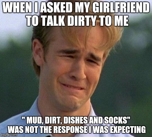 1990s First World Problems Meme | WHEN I ASKED MY GIRLFRIEND TO TALK DIRTY TO ME; " MUD, DIRT, DISHES AND SOCKS" WAS NOT THE RESPONSE I WAS EXPECTING | image tagged in memes,1990s first world problems | made w/ Imgflip meme maker