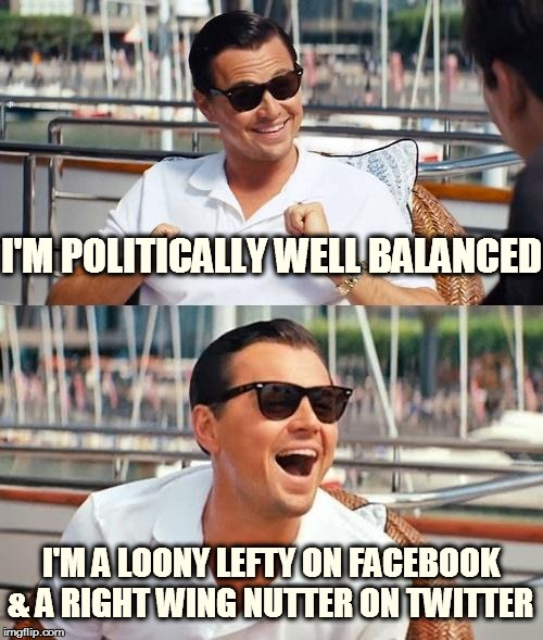 Leonardo Dicaprio Wolf Of Wall Street | I'M POLITICALLY WELL BALANCED; I'M A LOONY LEFTY ON FACEBOOK & A RIGHT WING NUTTER ON TWITTER | image tagged in memes,leonardo dicaprio wolf of wall street | made w/ Imgflip meme maker