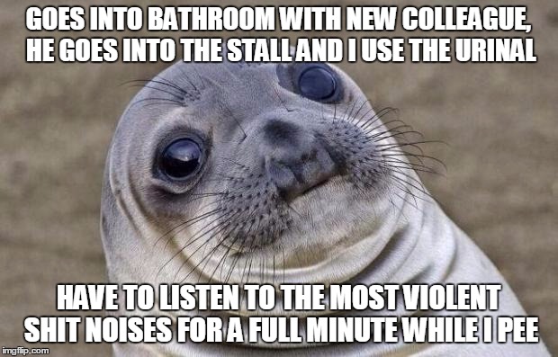 Awkward Moment Sealion | GOES INTO BATHROOM WITH NEW COLLEAGUE, HE GOES INTO THE STALL AND I USE THE URINAL; HAVE TO LISTEN TO THE MOST VIOLENT SHIT NOISES FOR A FULL MINUTE WHILE I PEE | image tagged in memes,awkward moment sealion | made w/ Imgflip meme maker