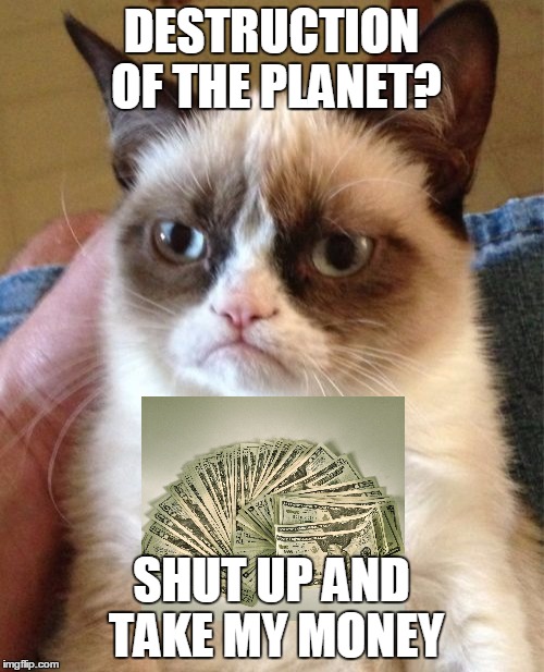 Grumpy Cat Meme | DESTRUCTION OF THE PLANET? SHUT UP AND TAKE MY MONEY | image tagged in memes,grumpy cat | made w/ Imgflip meme maker
