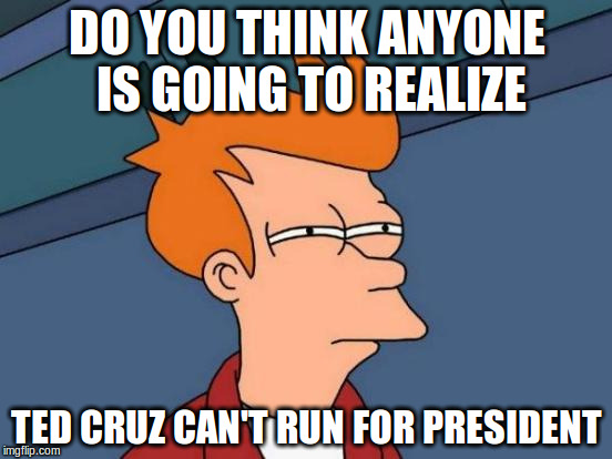 Futurama Fry Meme |  DO YOU THINK ANYONE IS GOING TO REALIZE; TED CRUZ CAN'T RUN FOR PRESIDENT | image tagged in memes,futurama fry | made w/ Imgflip meme maker