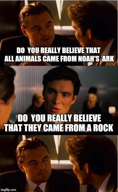 Inception | DO  YOU REALLY BELIEVE THAT ALL ANIMALS CAME FROM NOAH'S  ARK; DO  YOU REALLY BELIEVE THAT THEY CAME FROM A ROCK | image tagged in memes,inception | made w/ Imgflip meme maker