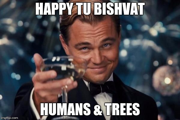 Leonardo Dicaprio Cheers Meme | HAPPY TU BISHVAT; HUMANS & TREES | image tagged in memes,leonardo dicaprio cheers | made w/ Imgflip meme maker