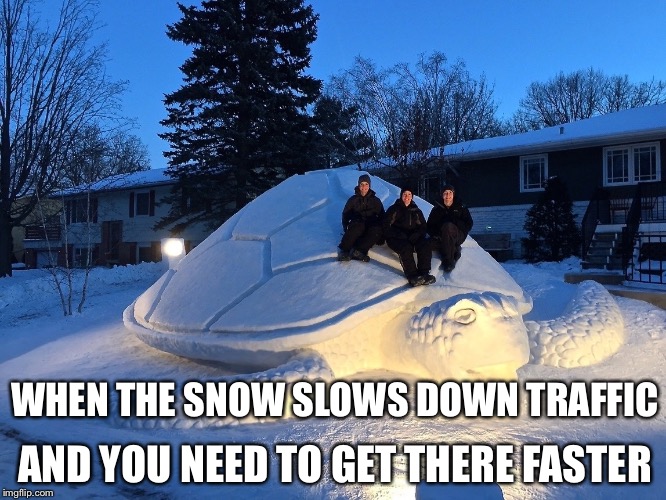 When you're in a hurry during a flurry | WHEN THE SNOW SLOWS DOWN TRAFFIC; AND YOU NEED TO GET THERE FASTER | image tagged in snow turtle | made w/ Imgflip meme maker