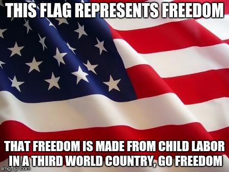 A friend of mine who lives in america has a flag made in china | THIS FLAG REPRESENTS FREEDOM; THAT FREEDOM IS MADE FROM CHILD LABOR IN A THIRD WORLD COUNTRY, GO FREEDOM | image tagged in american flag | made w/ Imgflip meme maker