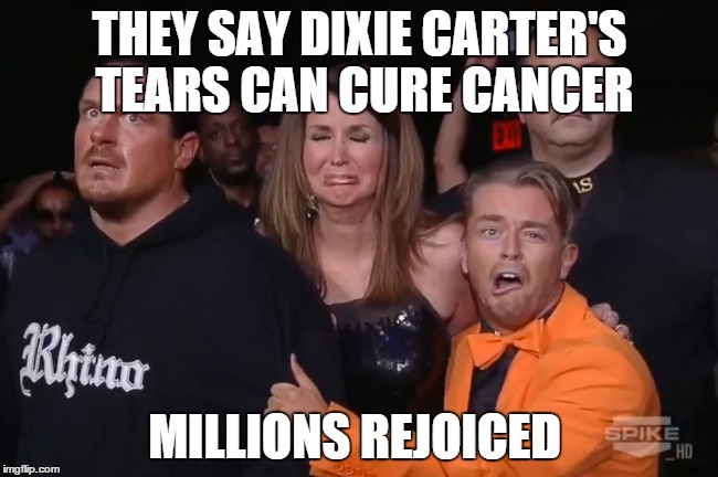 and thus cancer was cured | THEY SAY DIXIE CARTER'S TEARS CAN CURE CANCER; MILLIONS REJOICED | image tagged in dixie carter,wwe,funny meme | made w/ Imgflip meme maker
