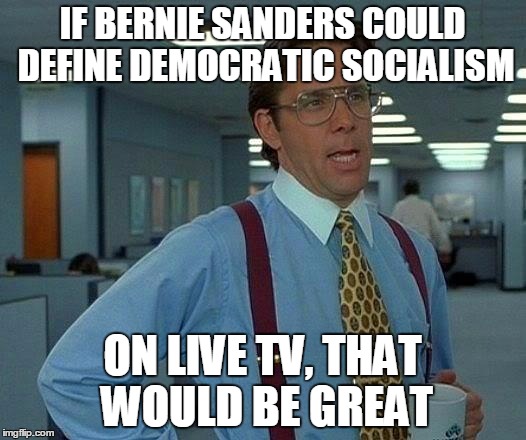 That Would Be Great | IF BERNIE SANDERS COULD DEFINE DEMOCRATIC SOCIALISM; ON LIVE TV,
THAT WOULD BE GREAT | image tagged in memes,that would be great | made w/ Imgflip meme maker