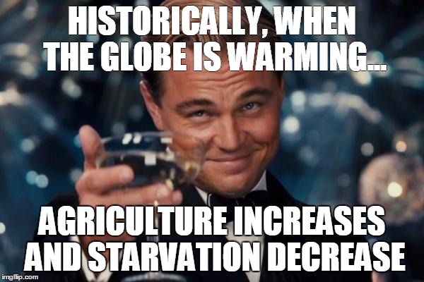 Leonardo Dicaprio Cheers | HISTORICALLY, WHEN THE GLOBE IS WARMING... AGRICULTURE INCREASES AND STARVATION DECREASE | image tagged in memes,leonardo dicaprio cheers | made w/ Imgflip meme maker