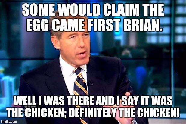 Brian Williams Was There 2 Meme | SOME WOULD CLAIM THE EGG CAME FIRST BRIAN. WELL I WAS THERE AND I SAY IT WAS THE CHICKEN; DEFINITELY THE CHICKEN! | image tagged in memes,brian williams was there 2 | made w/ Imgflip meme maker