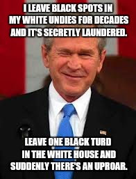 George Bush | I LEAVE BLACK SPOTS IN MY WHITE UNDIES FOR DECADES AND IT'S SECRETLY LAUNDERED. LEAVE ONE BLACK TURD IN THE WHITE HOUSE AND SUDDENLY THERE'S AN UPROAR. | image tagged in memes,george bush,political,politics,i dont always,one does not simply | made w/ Imgflip meme maker