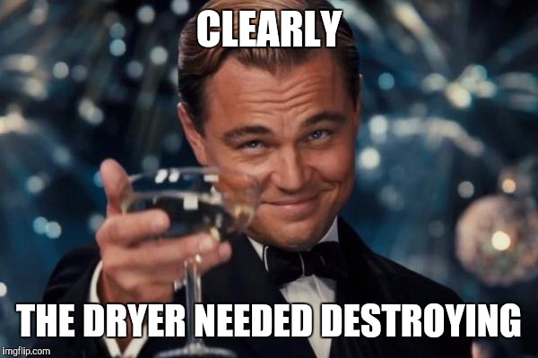 Leonardo Dicaprio Cheers Meme | CLEARLY THE DRYER NEEDED DESTROYING | image tagged in memes,leonardo dicaprio cheers | made w/ Imgflip meme maker