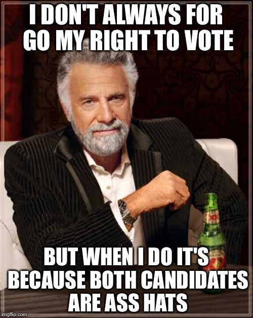 The Most Interesting Man In The World | I DON'T ALWAYS FOR GO MY RIGHT TO VOTE; BUT WHEN I DO IT'S BECAUSE BOTH CANDIDATES ARE ASS HATS | image tagged in memes,the most interesting man in the world | made w/ Imgflip meme maker