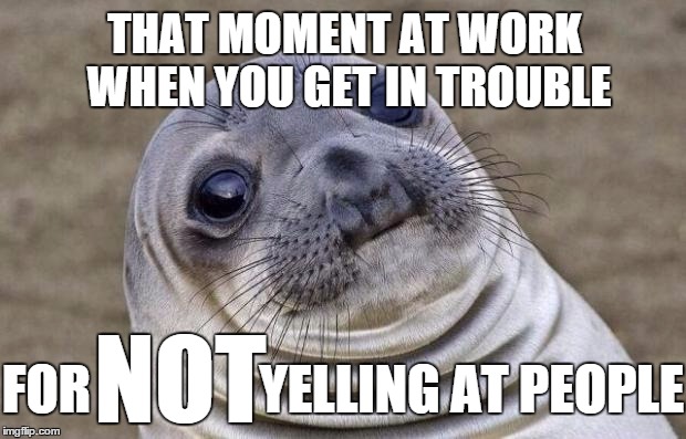 I have the best job ever. Period. | THAT MOMENT AT WORK WHEN YOU GET IN TROUBLE; NOT; FOR                YELLING AT PEOPLE | image tagged in memes,awkward moment sealion | made w/ Imgflip meme maker