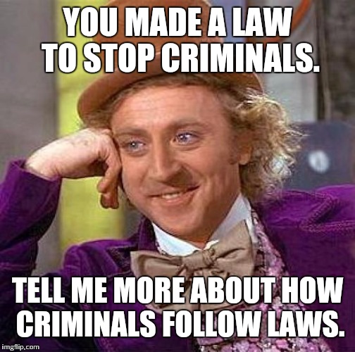 Creepy Condescending Wonka Meme | YOU MADE A LAW TO STOP CRIMINALS. TELL ME MORE ABOUT HOW CRIMINALS FOLLOW LAWS. | image tagged in memes,creepy condescending wonka | made w/ Imgflip meme maker